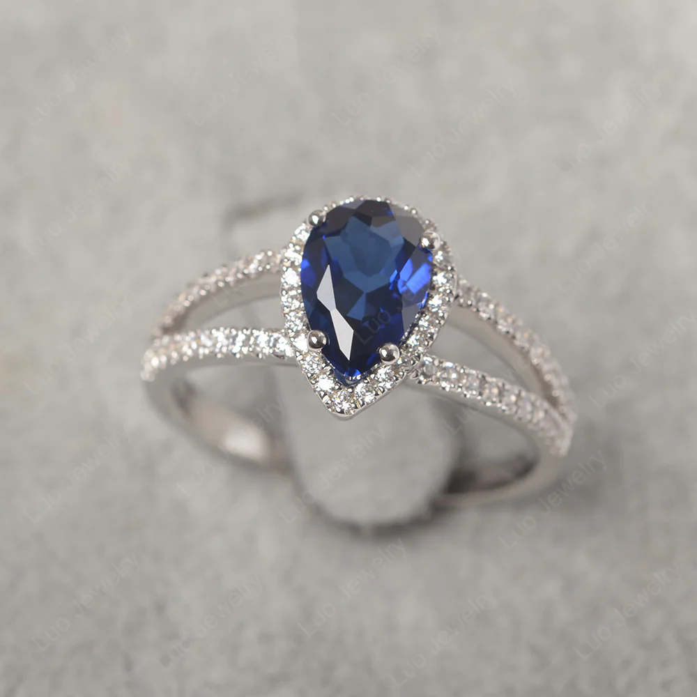 Pear Shaped Sapphire Halo Split Shank Ring