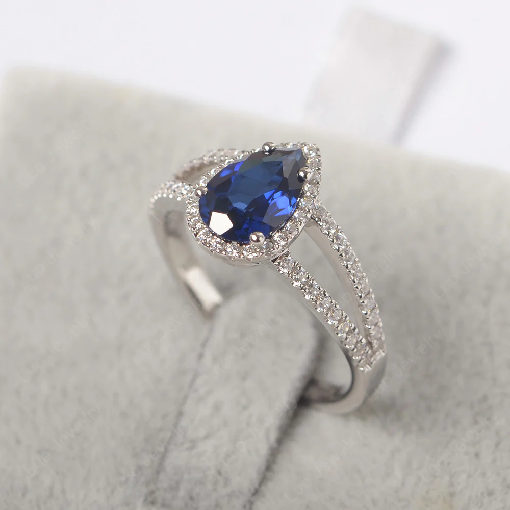 Pear Shaped Sapphire Halo Split Shank Ring - Image 2