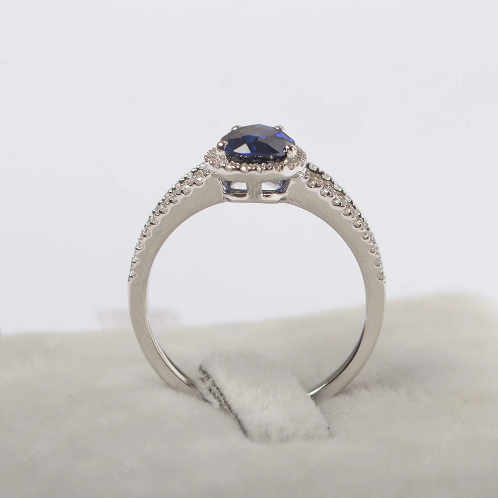 Pear Shaped Sapphire Halo Split Shank Ring - Image 3