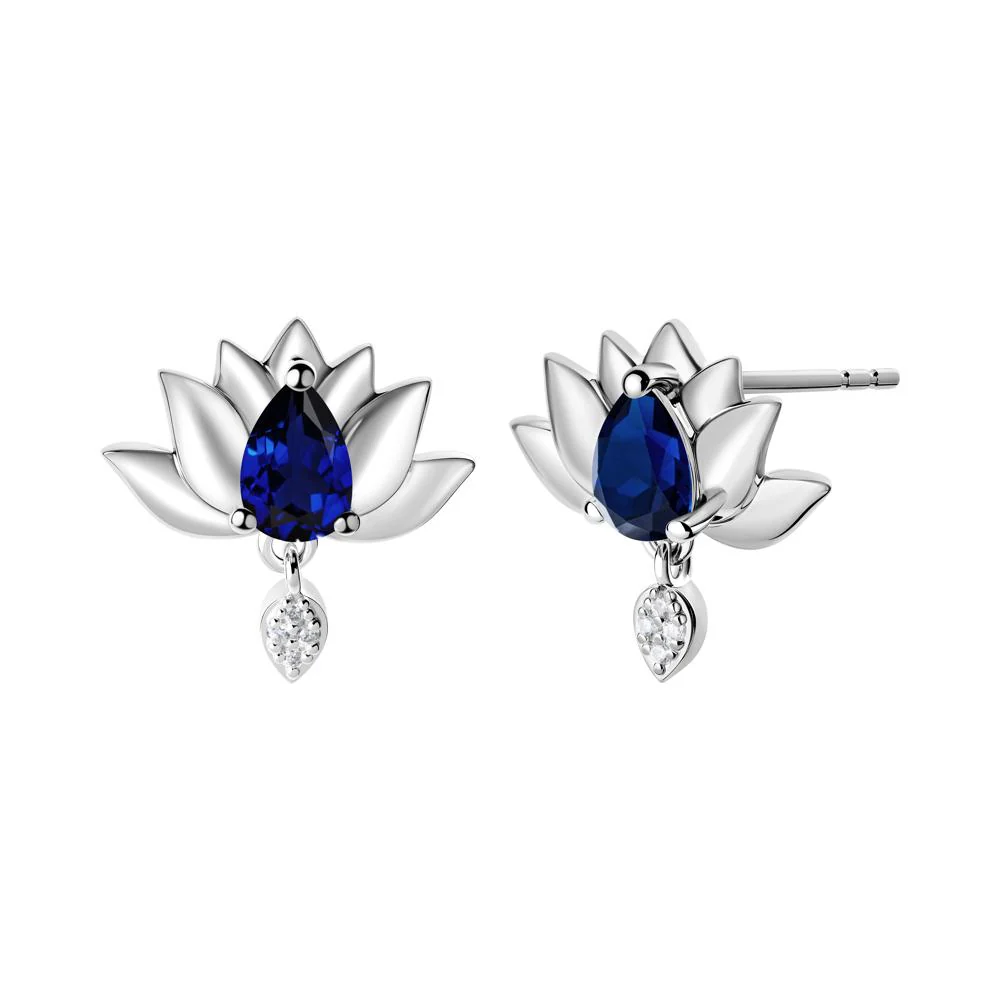 Pear Shaped Sapphire Lotus Flower Earrings