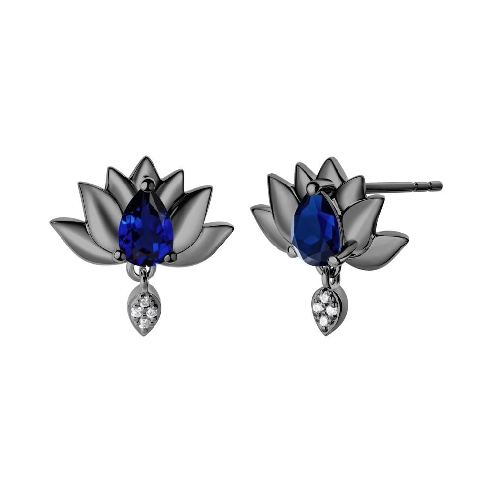 Pear Shaped Sapphire Lotus Flower Earrings - Image 3