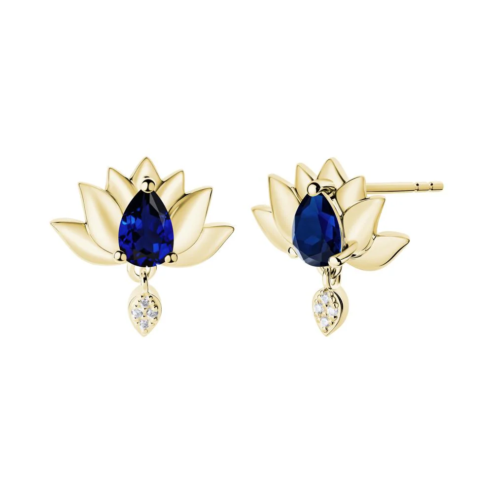 Pear Shaped Sapphire Lotus Flower Earrings - Image 4