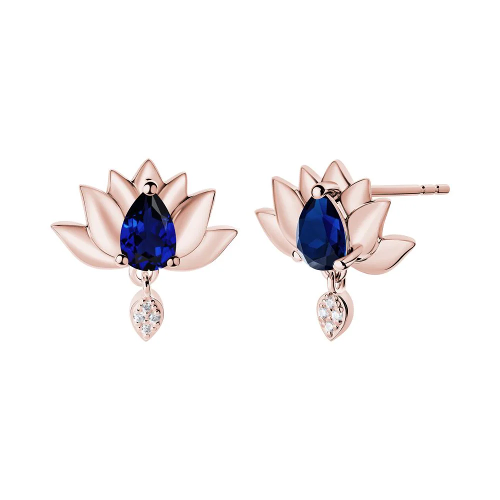 Pear Shaped Sapphire Lotus Flower Earrings - Image 7