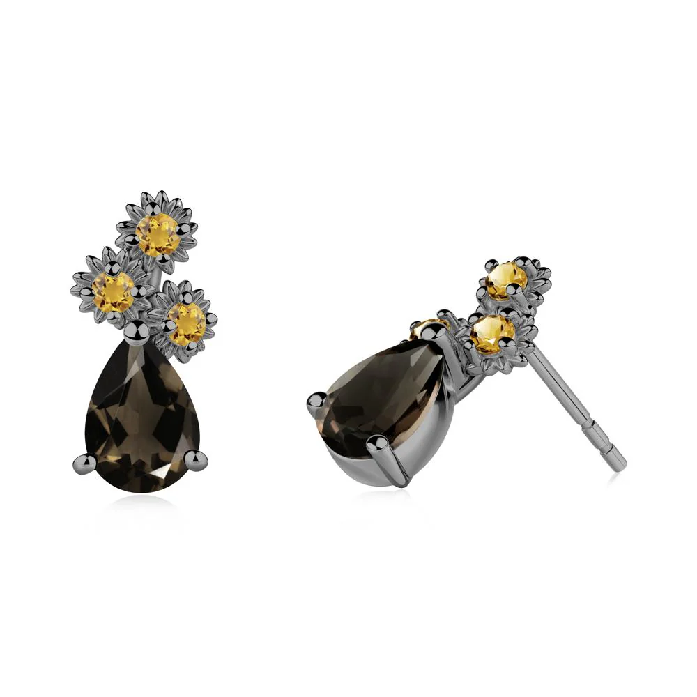 Pear Shaped Smoky Quartz and Citrine Sunflower Stud Earrings