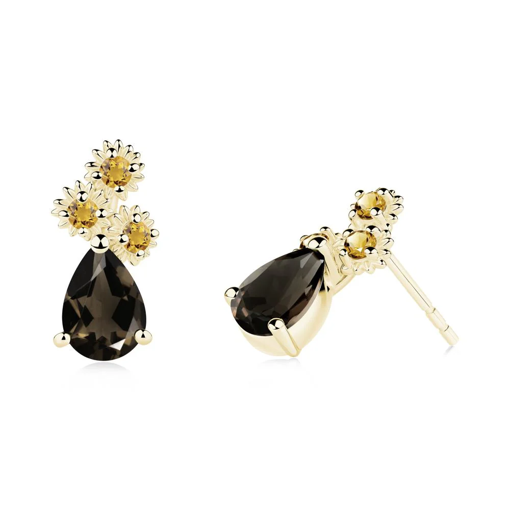 Pear Shaped Smoky Quartz and Citrine Sunflower Stud Earrings - Image 7