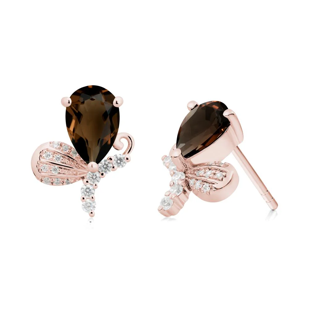 Pear Shaped Smoky Quartz Butterfly Stud Earrings - Image 4