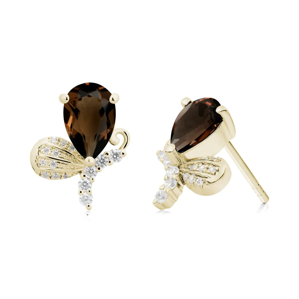 Pear Shaped Smoky Quartz Butterfly Stud Earrings - Image 6