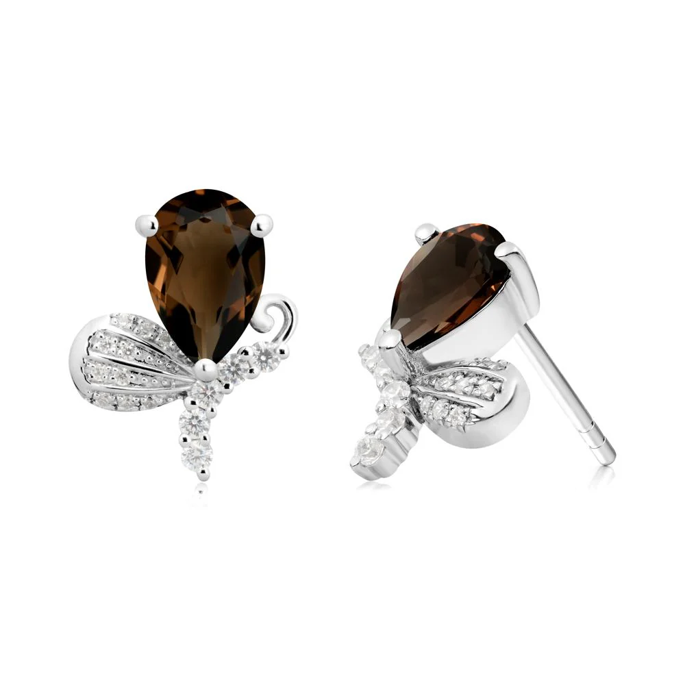 Pear Shaped Smoky Quartz Butterfly Stud Earrings - Image 9