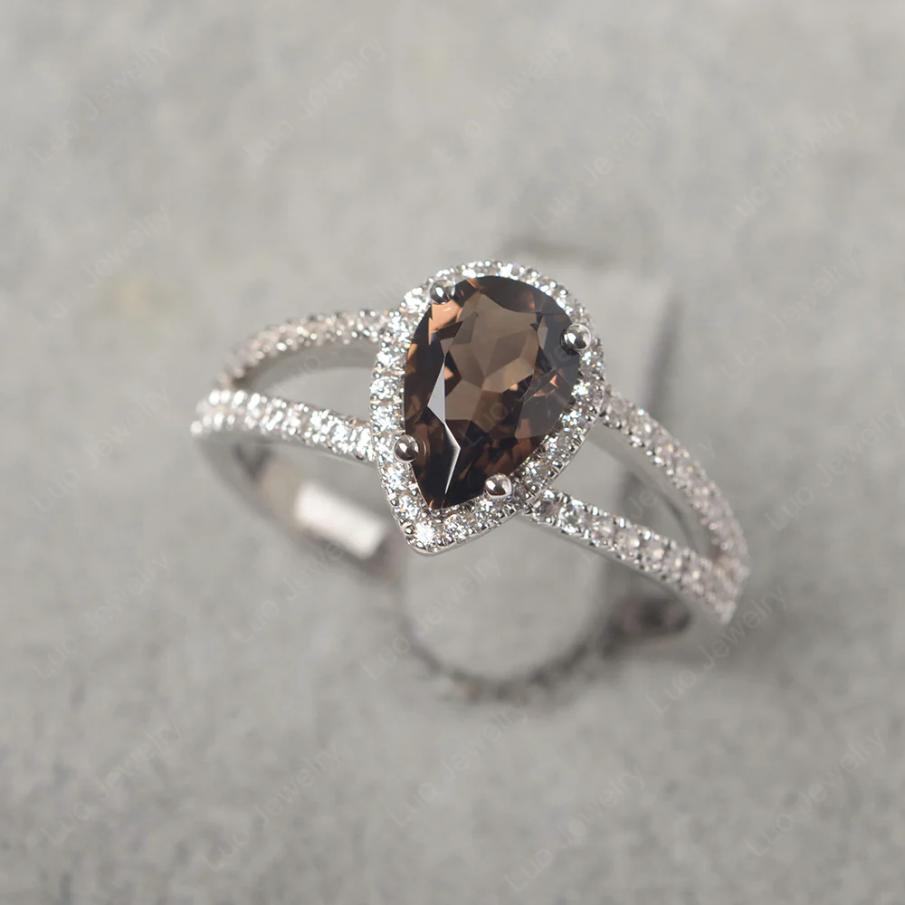 Pear Shaped Smoky Quartz Halo Split Shank Ring