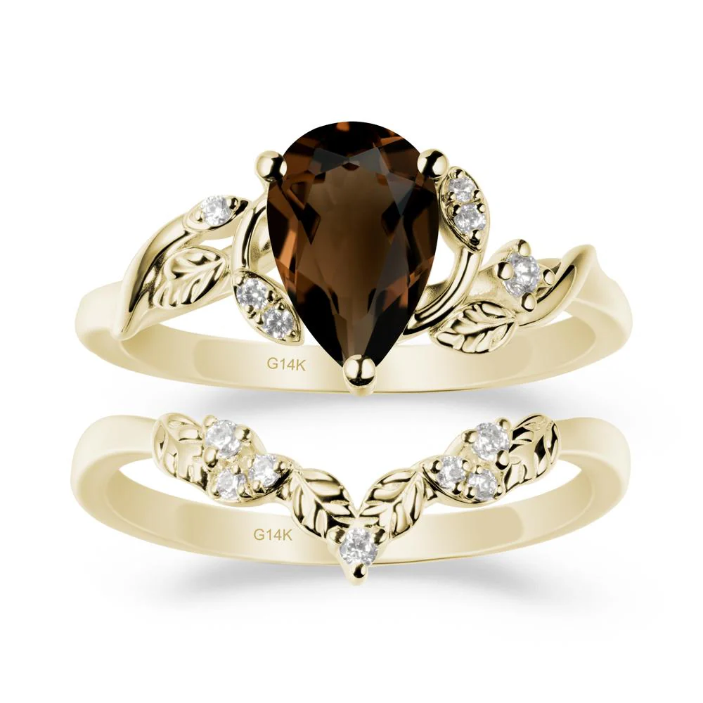 Pear-Shaped Smoky Quartz Ring Set with Leaf - Image 3