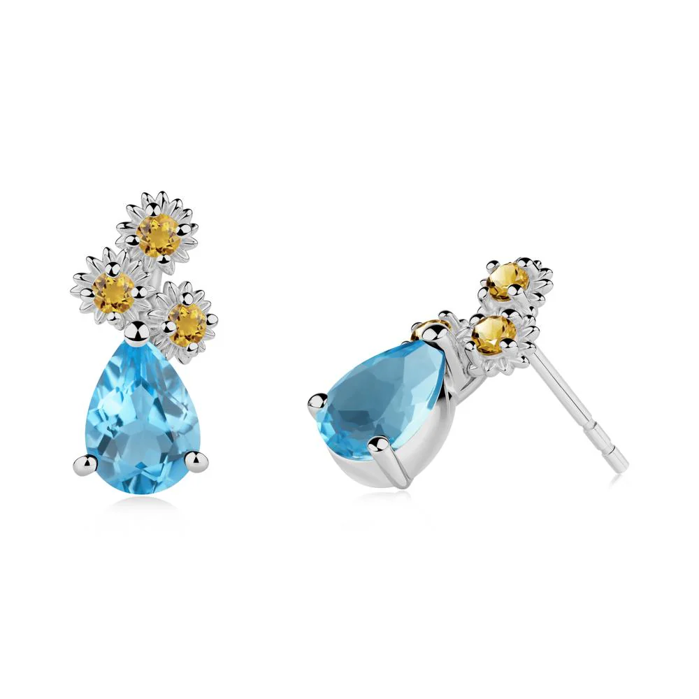 Pear Shaped Swiss Blue Topaz and Citrine Sunflower Stud Earrings - Image 3