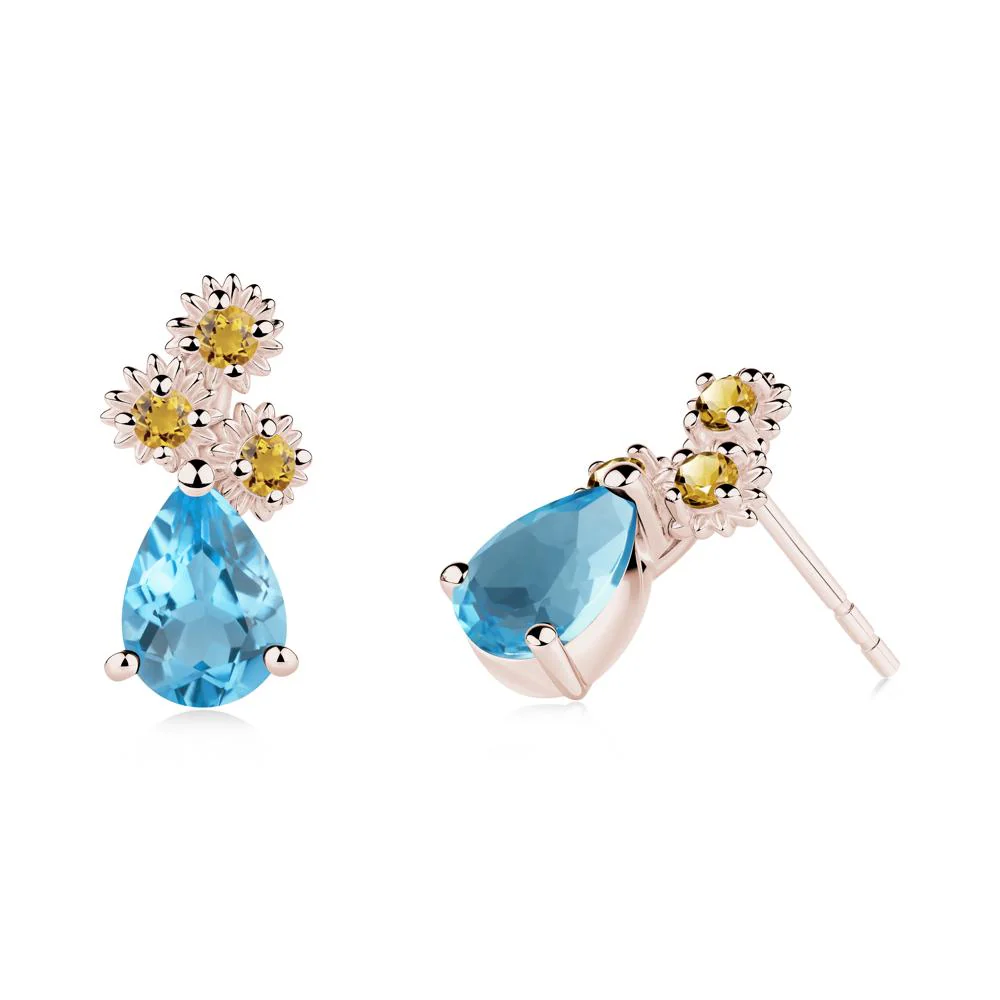Pear Shaped Swiss Blue Topaz and Citrine Sunflower Stud Earrings - Image 4