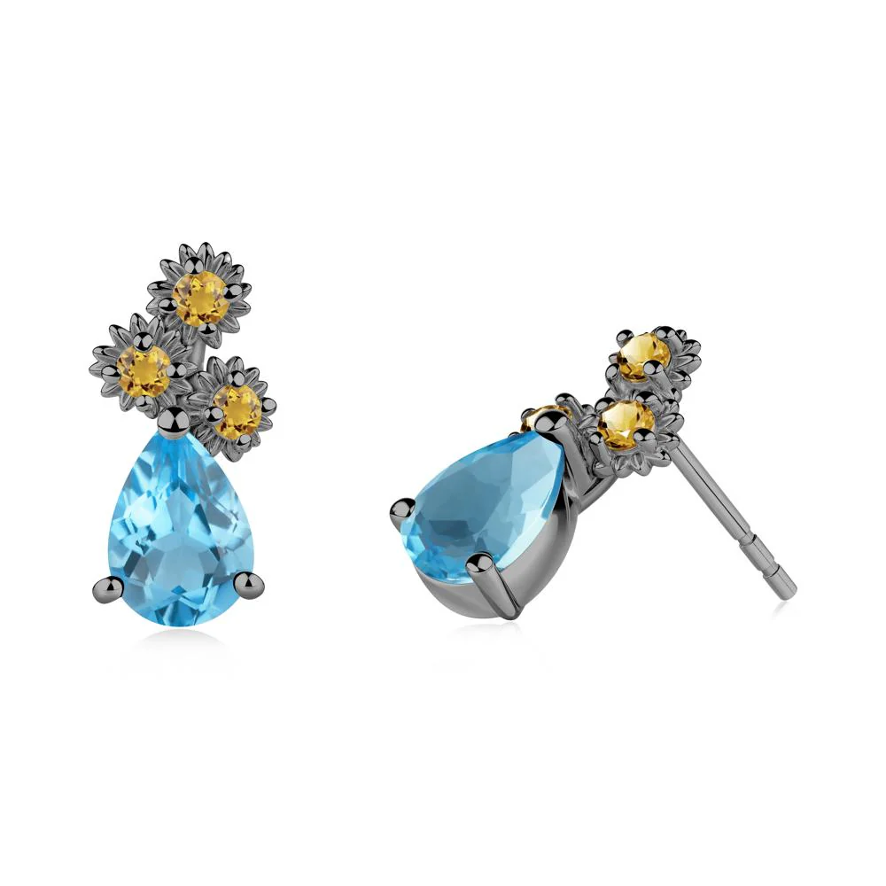 Pear Shaped Swiss Blue Topaz and Citrine Sunflower Stud Earrings - Image 5