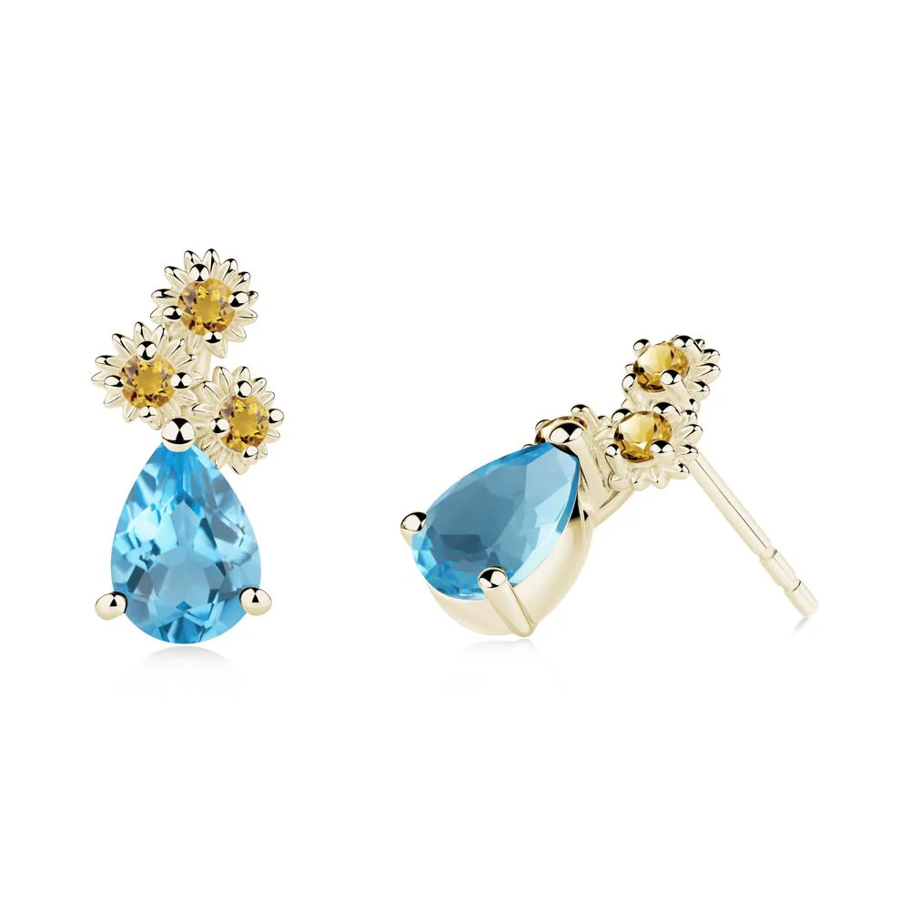 Pear Shaped Swiss Blue Topaz and Citrine Sunflower Stud Earrings - Image 7