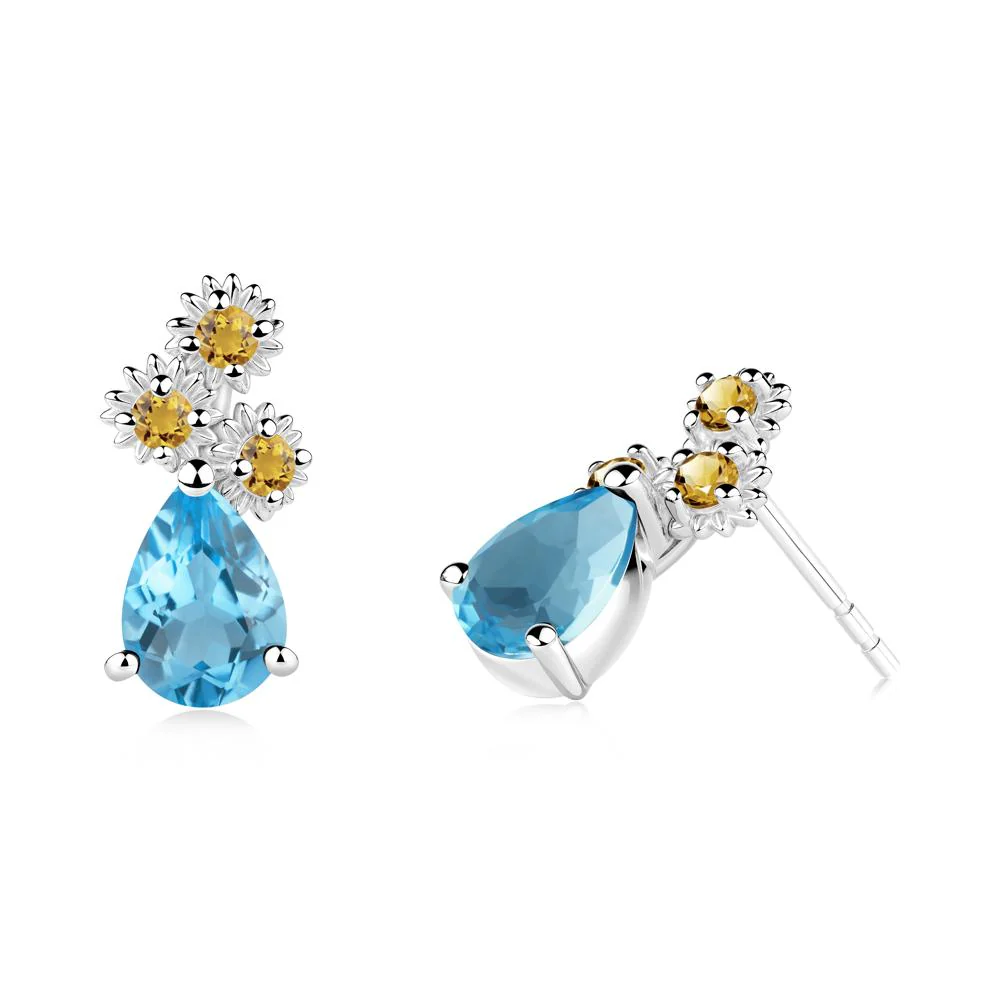 Pear Shaped Swiss Blue Topaz and Citrine Sunflower Stud Earrings - Image 8