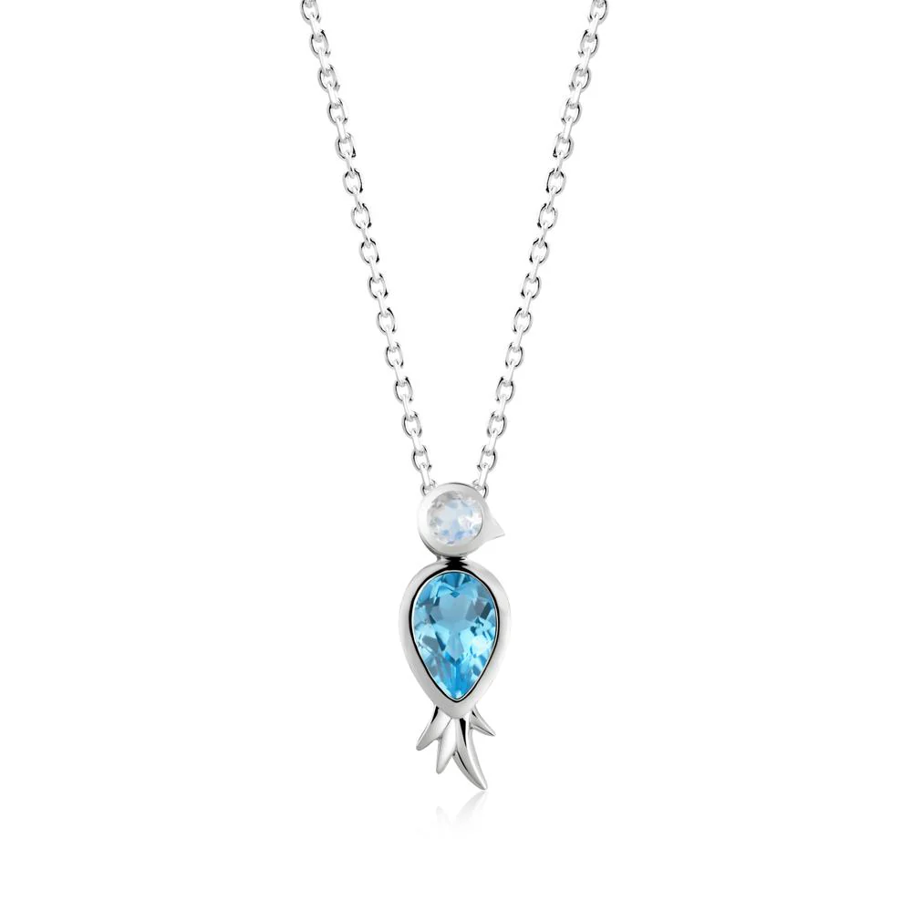 Pear Shaped Swiss Blue Topaz and Moonstone Bird Pendant Neckalce - Image 3