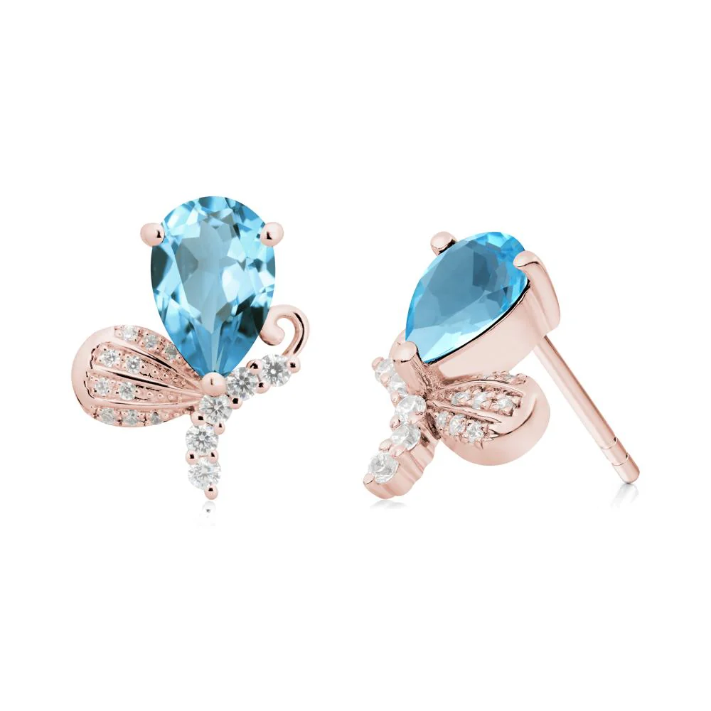 Pear Shaped Swiss Blue Topaz Butterfly Stud Earrings - Image 3