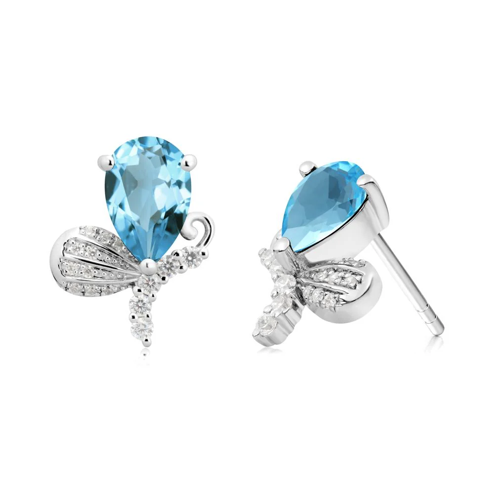 Pear Shaped Swiss Blue Topaz Butterfly Stud Earrings - Image 6