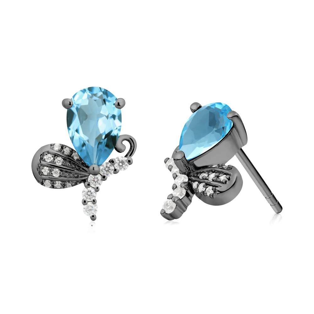 Pear Shaped Swiss Blue Topaz Butterfly Stud Earrings - Image 8