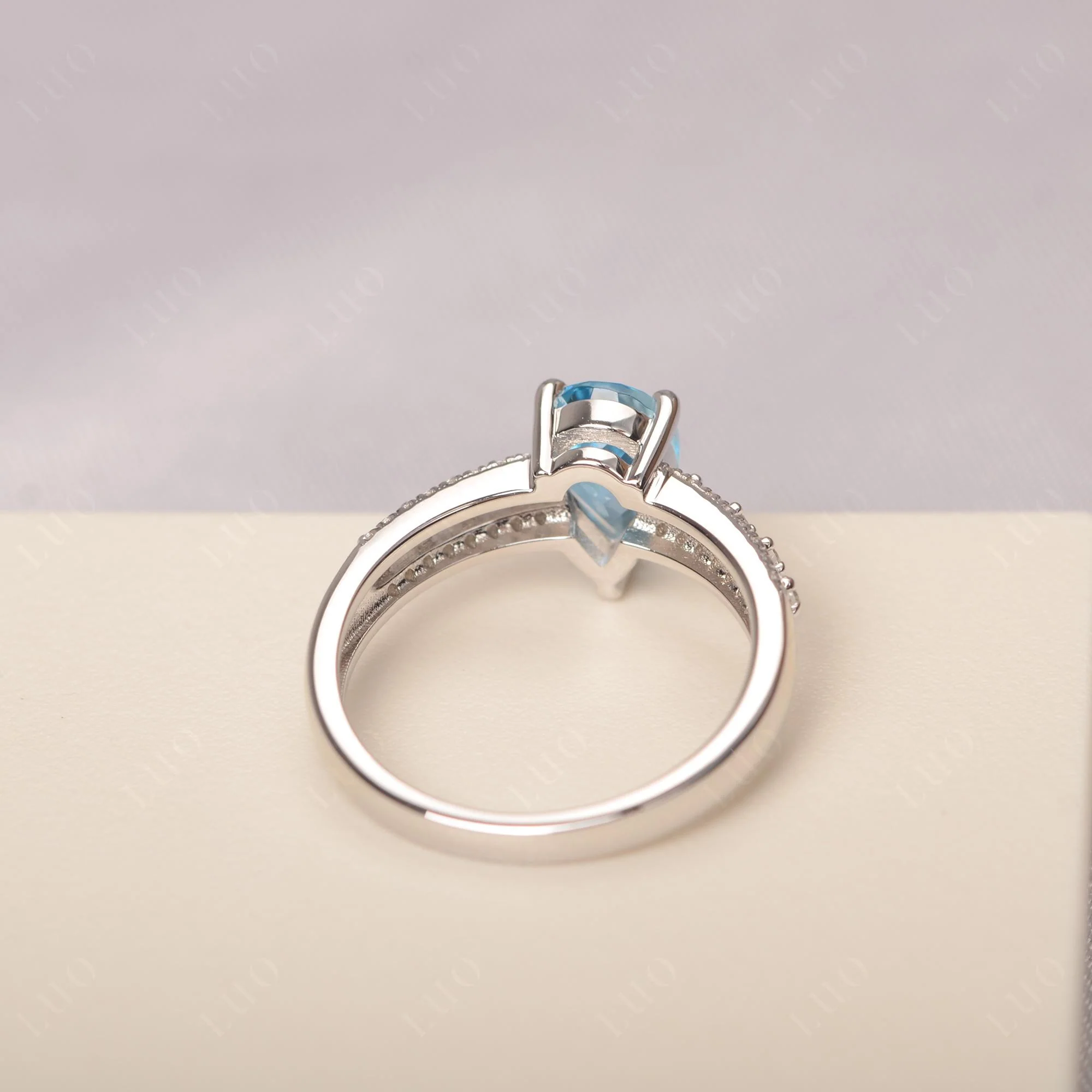 Swiss Blue Topaz 3 Rows Pave Engagement Ring - Image 3