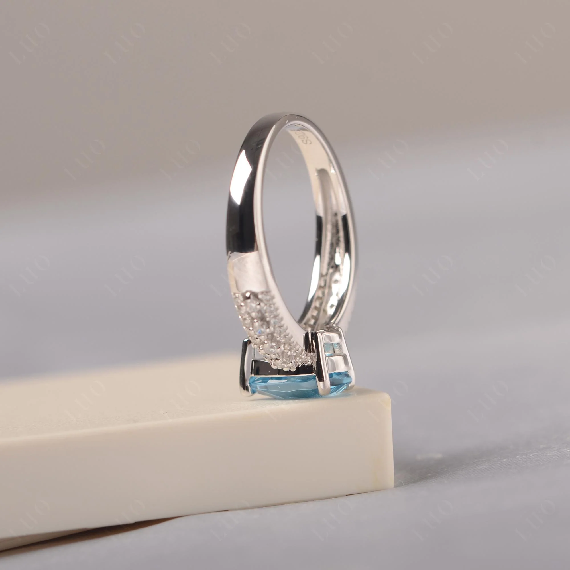 Swiss Blue Topaz 3 Rows Pave Engagement Ring - Image 4