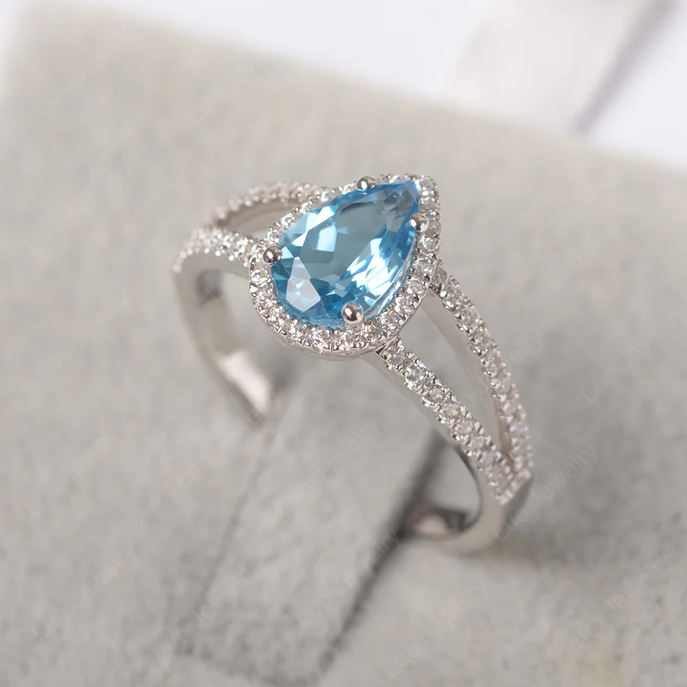 Pear Shaped Swiss Blue Topaz Halo Split Shank Ring - Image 2