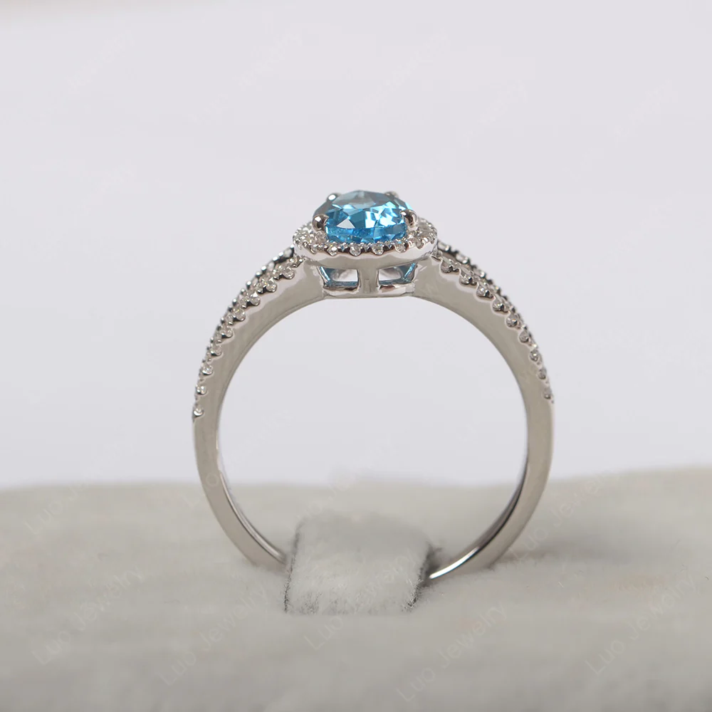 Pear Shaped Swiss Blue Topaz Halo Split Shank Ring - Image 3