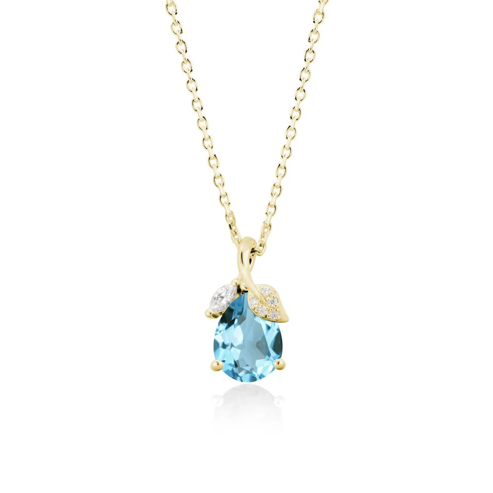 Pear Shaped Swiss Blue Topaz Leaf Pendant Necklace - Image 6