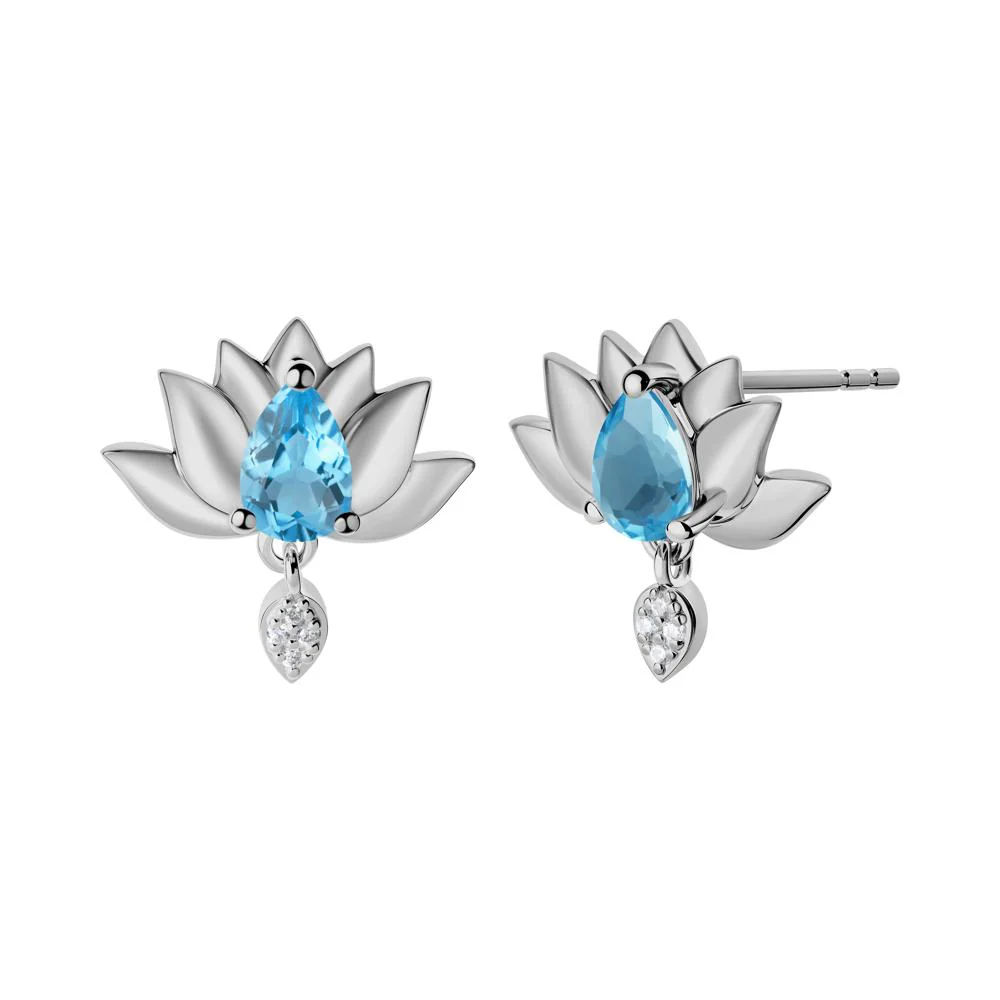 Pear Shaped Swiss Blue Topaz Lotus Flower Earrings