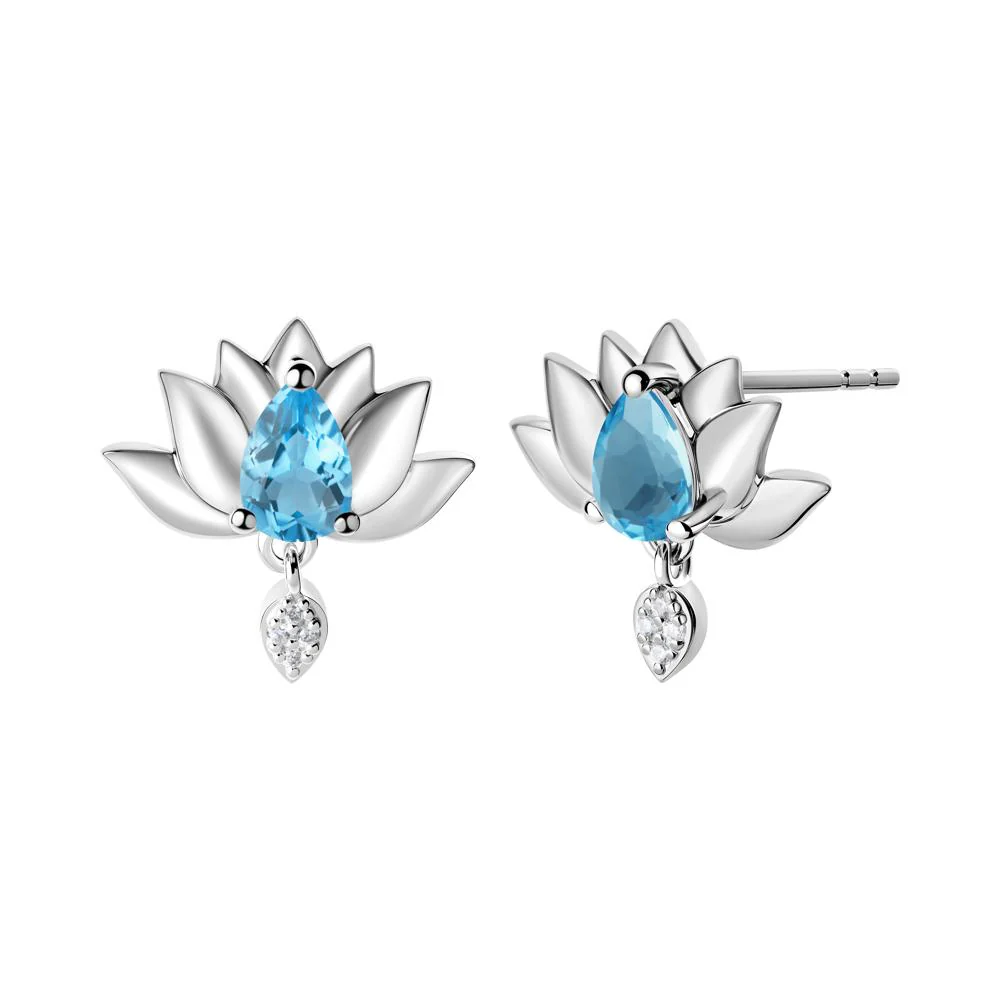 Pear Shaped Swiss Blue Topaz Lotus Flower Earrings - Image 3