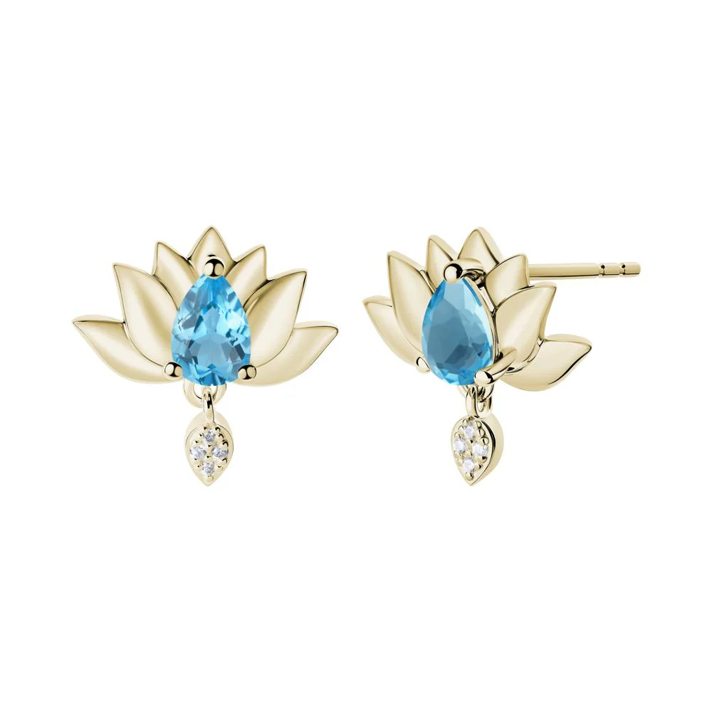 Pear Shaped Swiss Blue Topaz Lotus Flower Earrings - Image 4