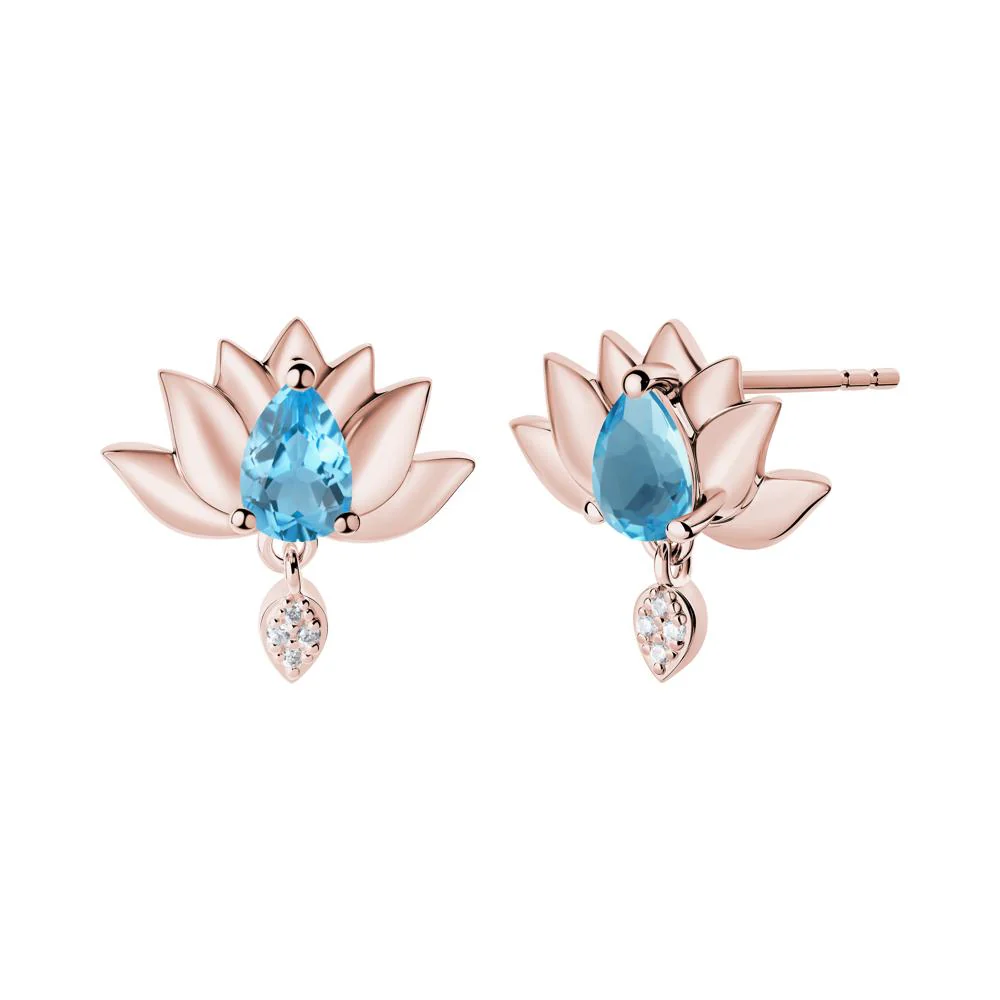 Pear Shaped Swiss Blue Topaz Lotus Flower Earrings - Image 5