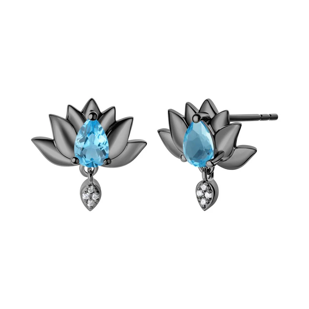 Pear Shaped Swiss Blue Topaz Lotus Flower Earrings - Image 6