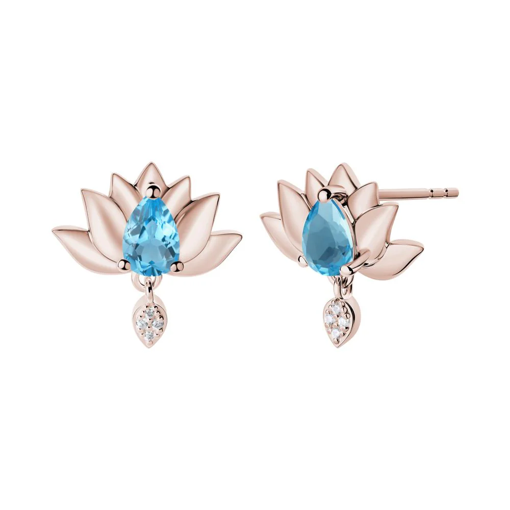 Pear Shaped Swiss Blue Topaz Lotus Flower Earrings - Image 7