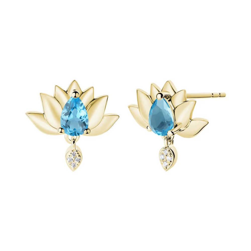 Pear Shaped Swiss Blue Topaz Lotus Flower Earrings - Image 9