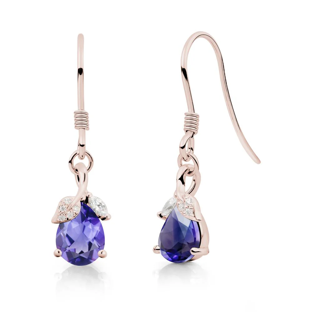 Pear Shaped Tanzanite Leaf Dangle Earrings - Image 2