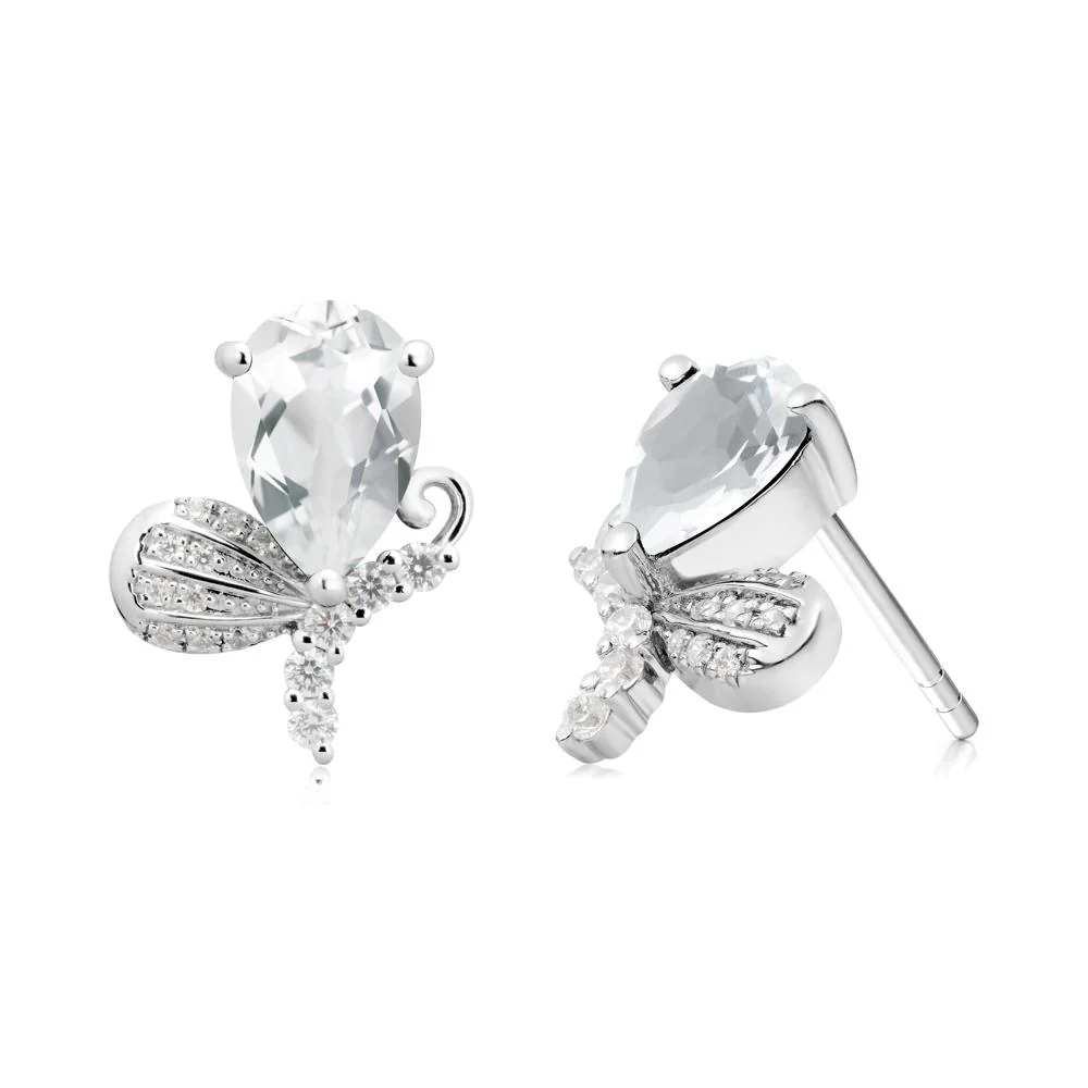 Pear Shaped White Topaz Butterfly Stud Earrings - Image 2