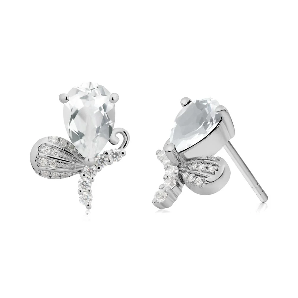 Pear Shaped White Topaz Butterfly Stud Earrings - Image 4