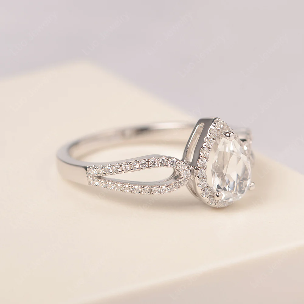 Pear Shaped White Topaz Halo Engagement Ring - Image 2