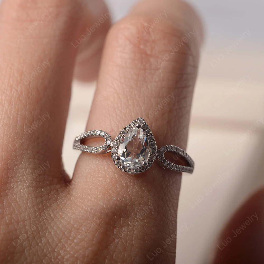 Pear Shaped White Topaz Halo Engagement Ring - Image 5