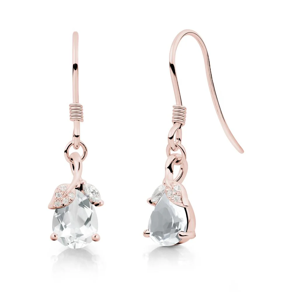 Pear Shaped White Topaz Leaf Dangle Earrings - Image 4