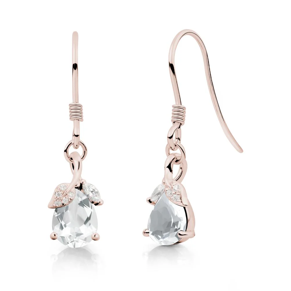 Pear Shaped White Topaz Leaf Dangle Earrings - Image 6