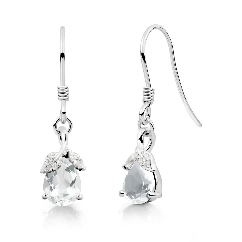 Pear Shaped White Topaz Leaf Dangle Earrings - Image 7