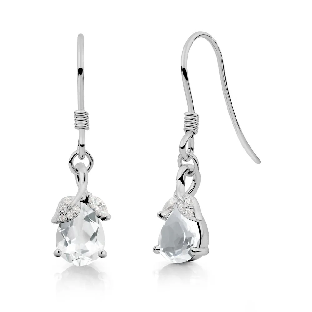 Pear Shaped White Topaz Leaf Dangle Earrings - Image 8