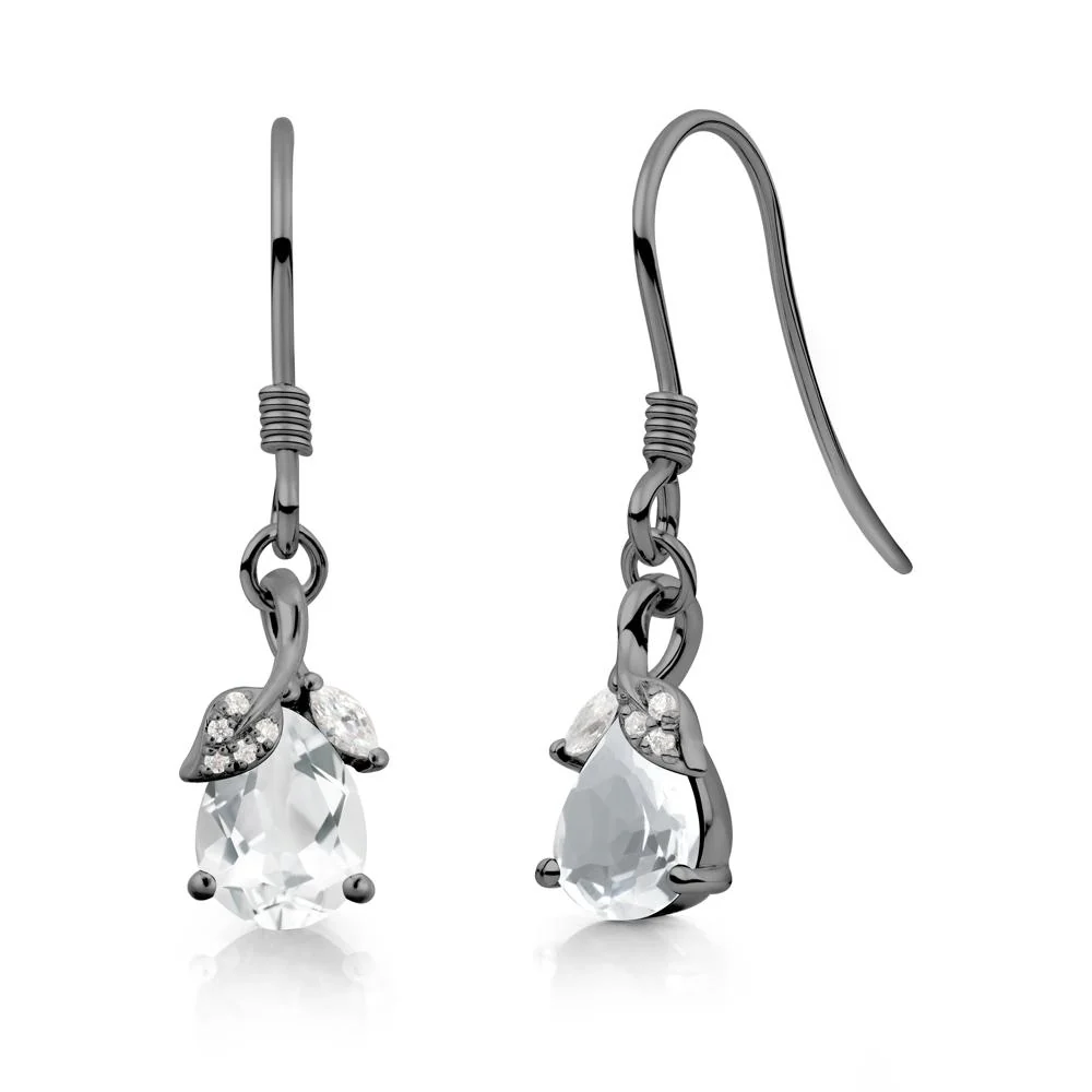 Pear Shaped White Topaz Leaf Dangle Earrings - Image 9