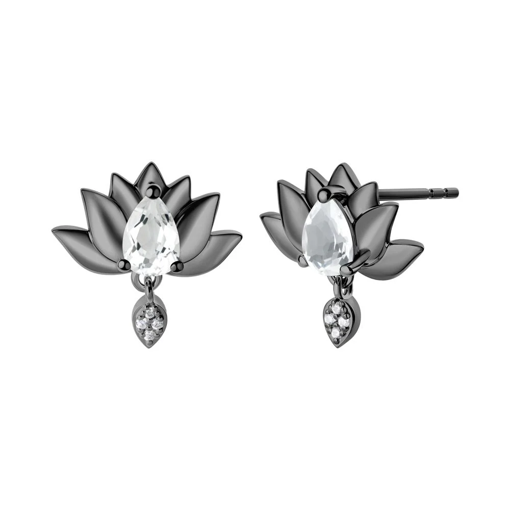 Pear Shaped White Topaz Lotus Flower Earrings