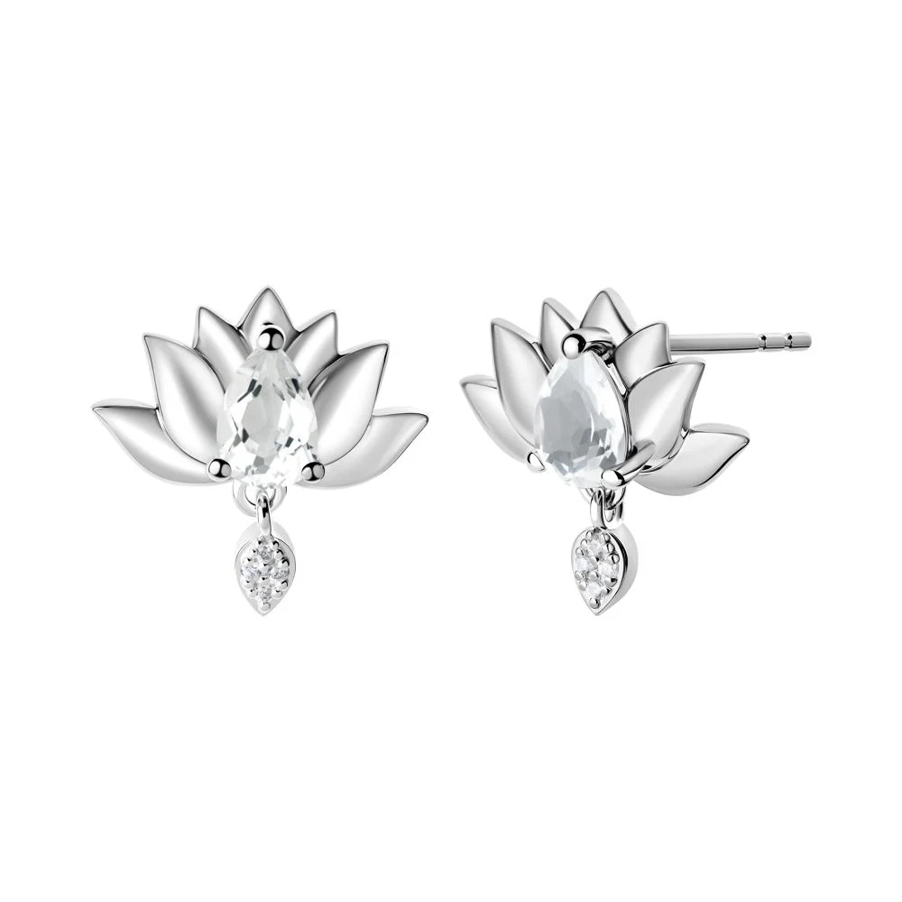 Pear Shaped White Topaz Lotus Flower Earrings - Image 6