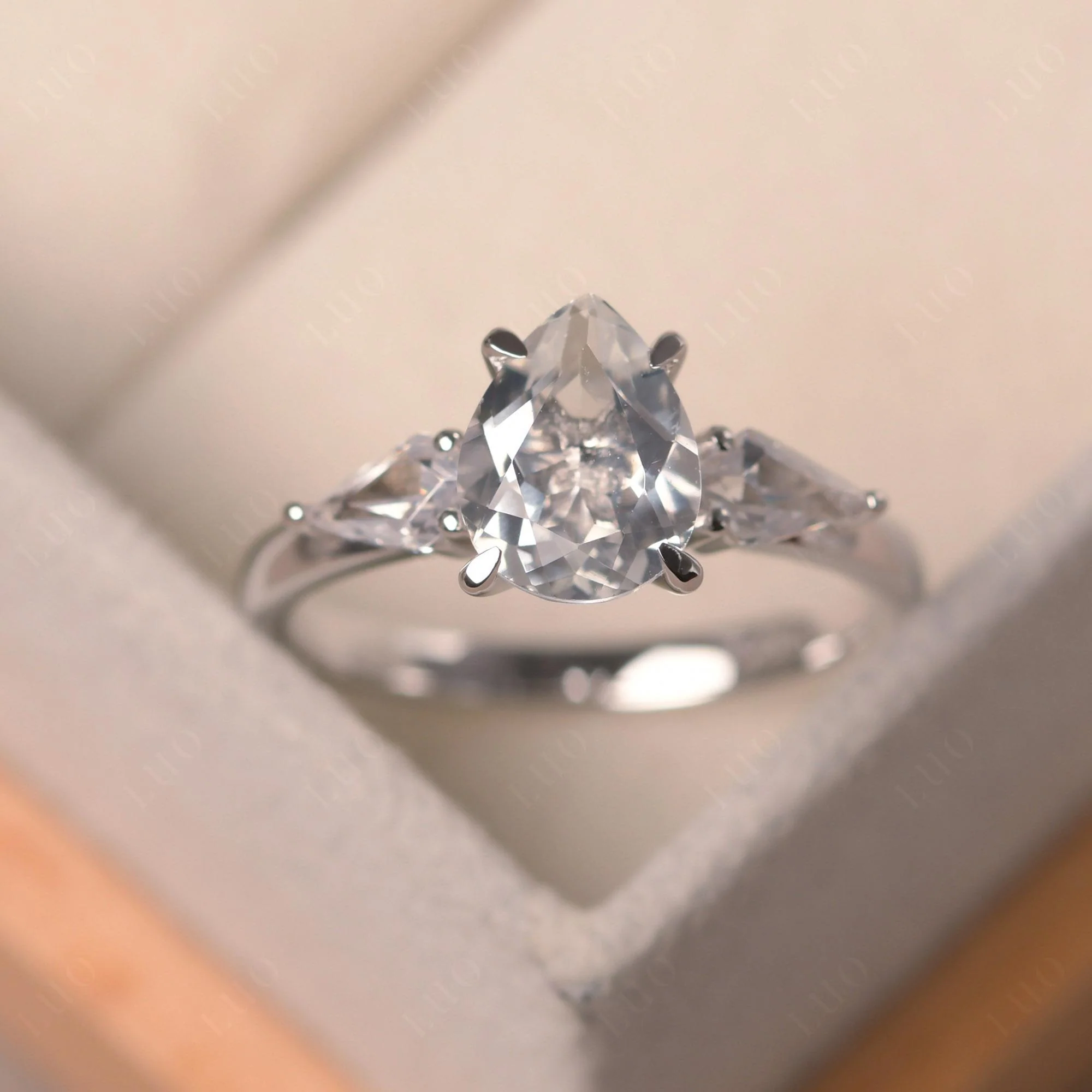 White Topaz Pear Three Stone Ring