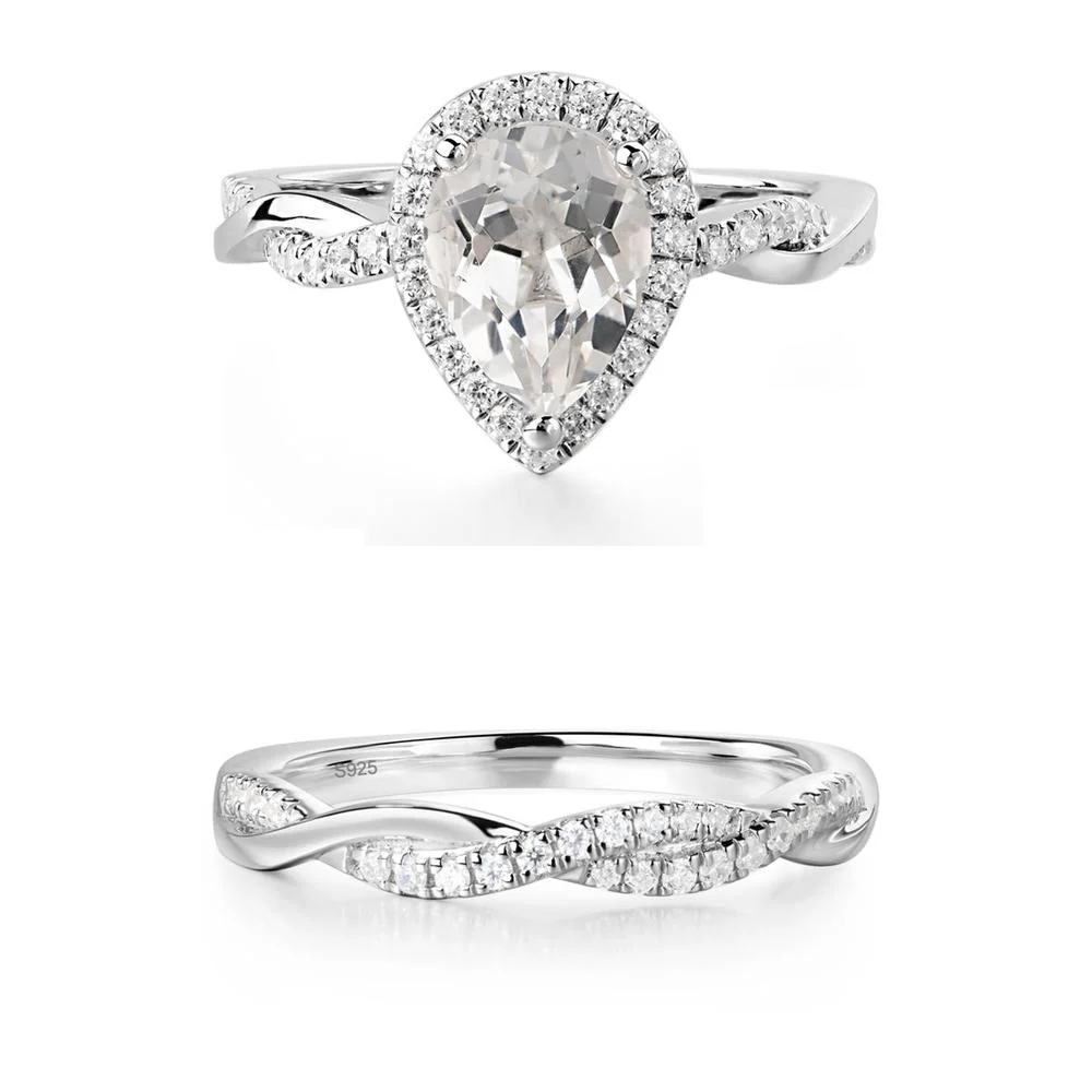 Pear Shaped White Topaz Twisted Halo Ring - Image 25