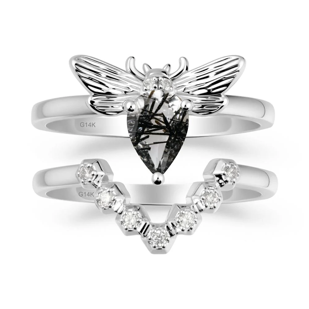 Pear Shapped Black Rutilated Quartz Bee Ring Set - Image 2